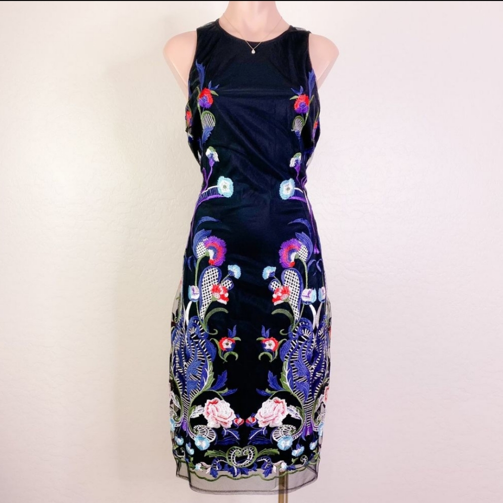 NICOLE MILLER Floral Embroider Sheath Sheer Dress